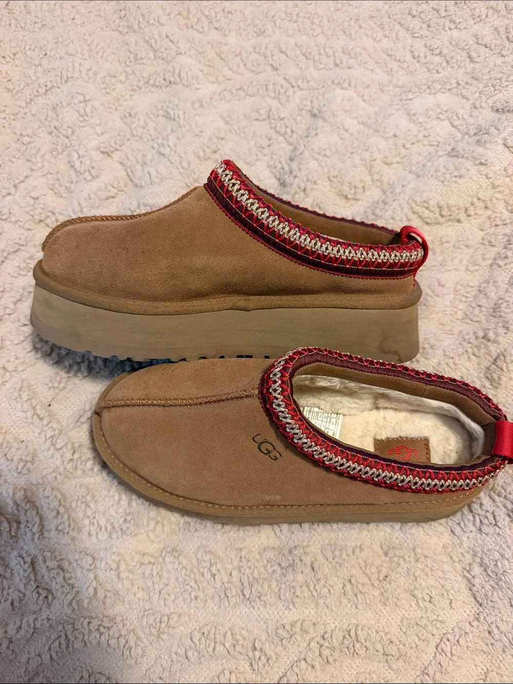 UGG Chestnut Suede Slip-Ons with Red Trim